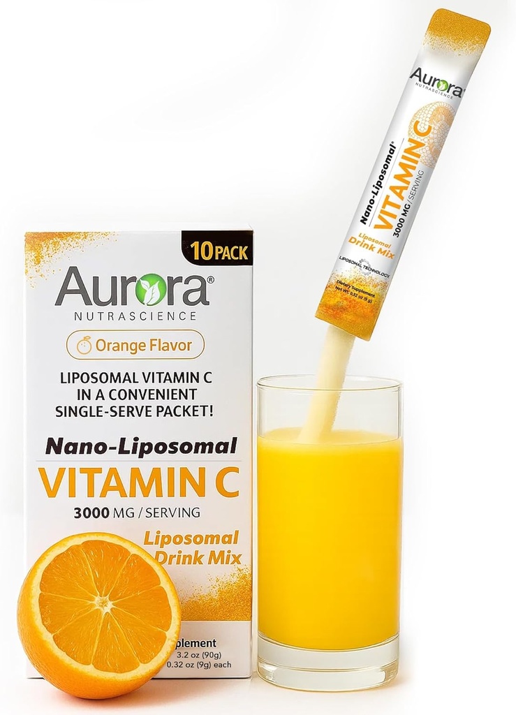 오로라 Nutrascience Nano-Pack Liposomal 비타민 C 분말 음료 혼합, 면역 지원, 서빙 당 고강도 3,000 mg 10 단 하나 Serve Packets, 오렌지