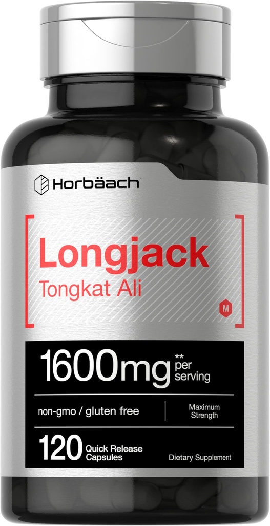 Horbäach Longjack Tongkat Ali for Men and Women | 1600mg | 120 캡슐 | 추출물 보충교재 | 최대 힘 알약 | Eurycoma Longifolia | Non-GMO 및 글루텐 무료