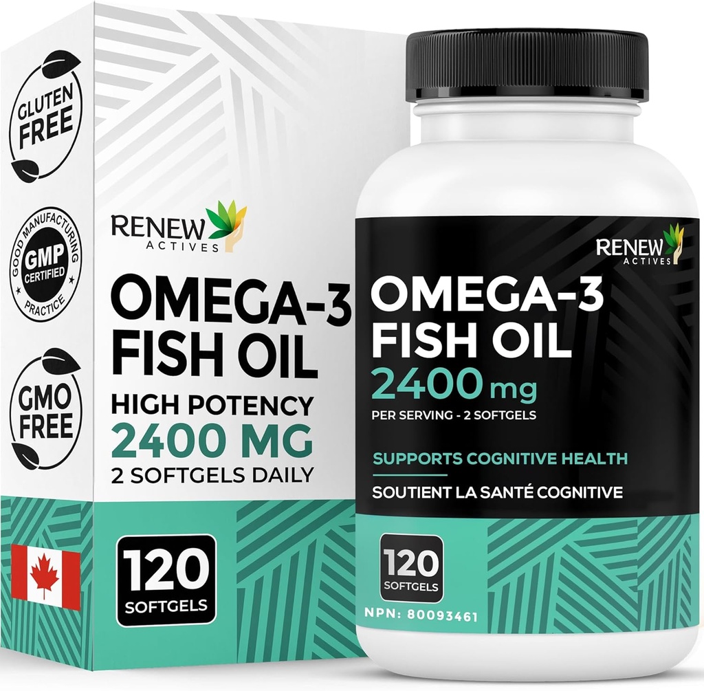 Renew Actives Omega-3 물고기 기름 2400MG 당 2 Softgels - 720MG EPA & DHA - 심장, 뇌, 눈 건강, & Triglyceride 감소 지원 - No Fishy Aftertaste - 캐나다에서 만드는 - 120 Softgels