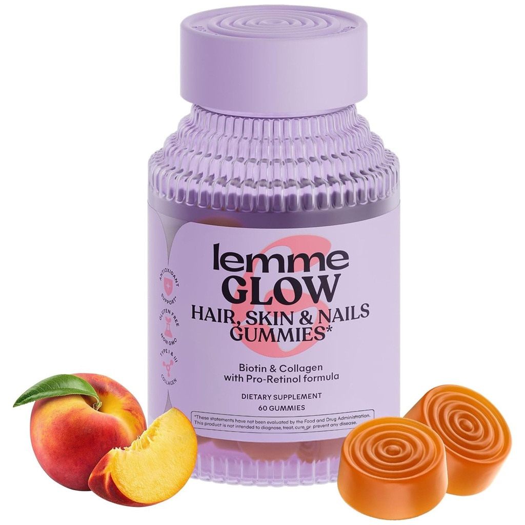 두껍게 머리를 위한 Lemme Glow 교원질 Gummies, 다콜라겐 펩티드, Biotin, 추적 무기물, 아연, 비타민 A, C & E, 낙농장 & 글루텐 자유로운, 복숭아 풍미, 60 ct를 가진 강한 못 & 건강한 피부.