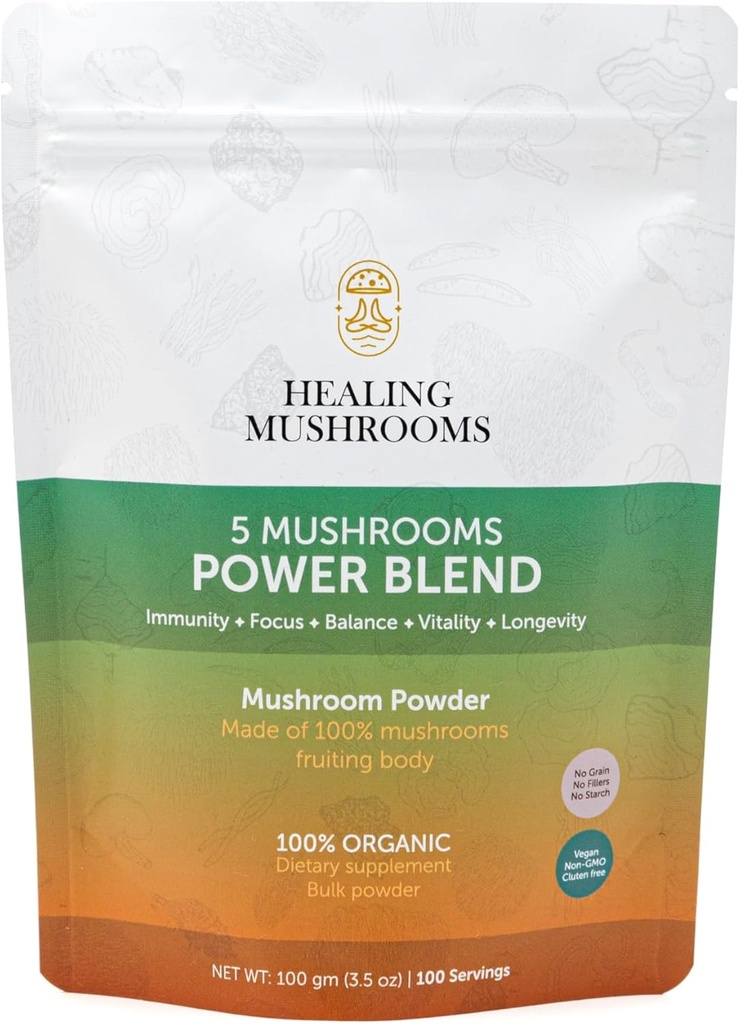 5 버섯 힘 Bland, 사자 Mane, Reishi, Cordyceps, 터키 꼬리, Chaga를 가진 유기 분말. 100개 그램