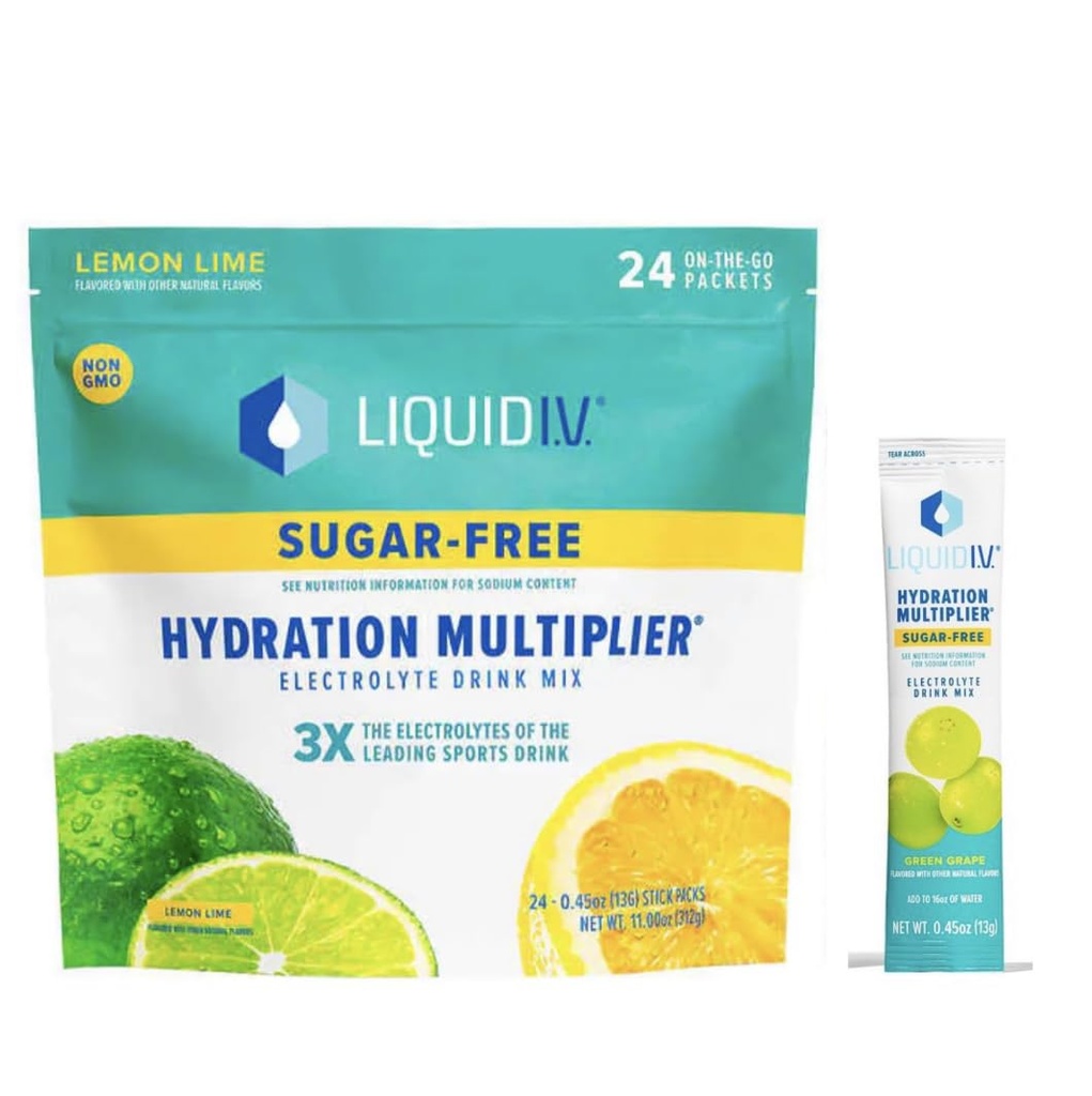 액체 I.V. Sugar-Free Hydration Multiplier - 레몬 라임 - Hydration 분말 패킷, Electrolyte 음료 혼합, 쉬운 열려있는 단 하나 조각 지팡이 Non-GMO 24 지팡이 + 1-0.45 녹색 포도당 무료