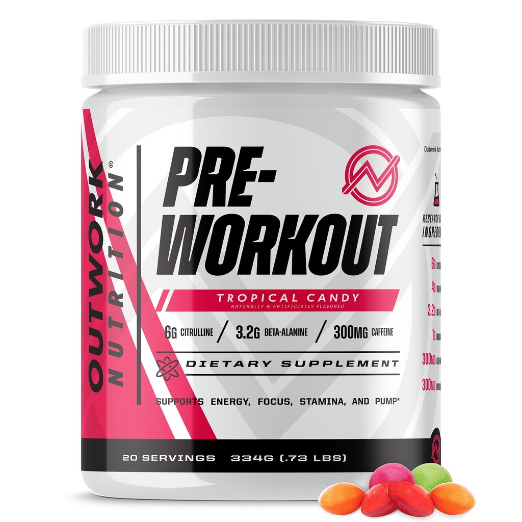 남성과 여성을위한 아웃 워크 영양 운동 - 코레틴없이 Nootropic Pre Workout, 타우린 Rhodiola Citrulline Malate Beta Alanine Caffeine (Tropical Candy)과 사전 운동 분말