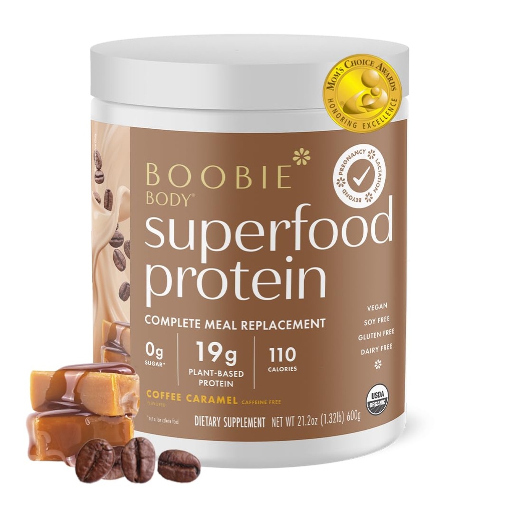 보로비 바디 수퍼 푸드 단백질 임신 및 후반 식사 보충 샤크, 커피 캐러멜 맛 | 19g Protein | Lactation & Motherhood를 위한 안전 | 유기, 비건, 영 설탕, 1 통 (20 인분)