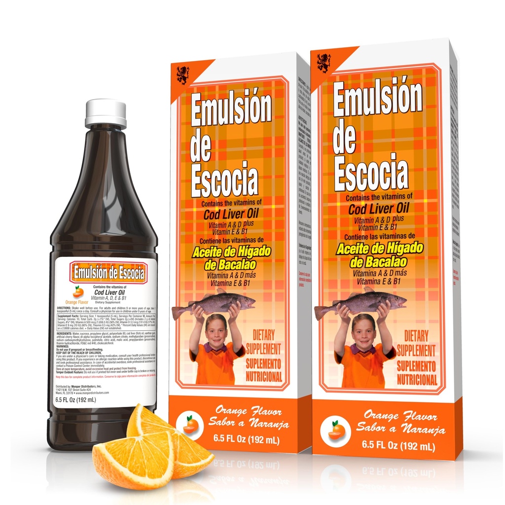 Emulsión de Escocia Cod Liver Oil Complex 비타민 A, D, E, B1 - 면역 지원 및 뼈 건강을위한 천연 오렌지 맛 다이어트 보충 - 필수 오메가 3 생선 기름 - 6.5 oz (2-Pack)