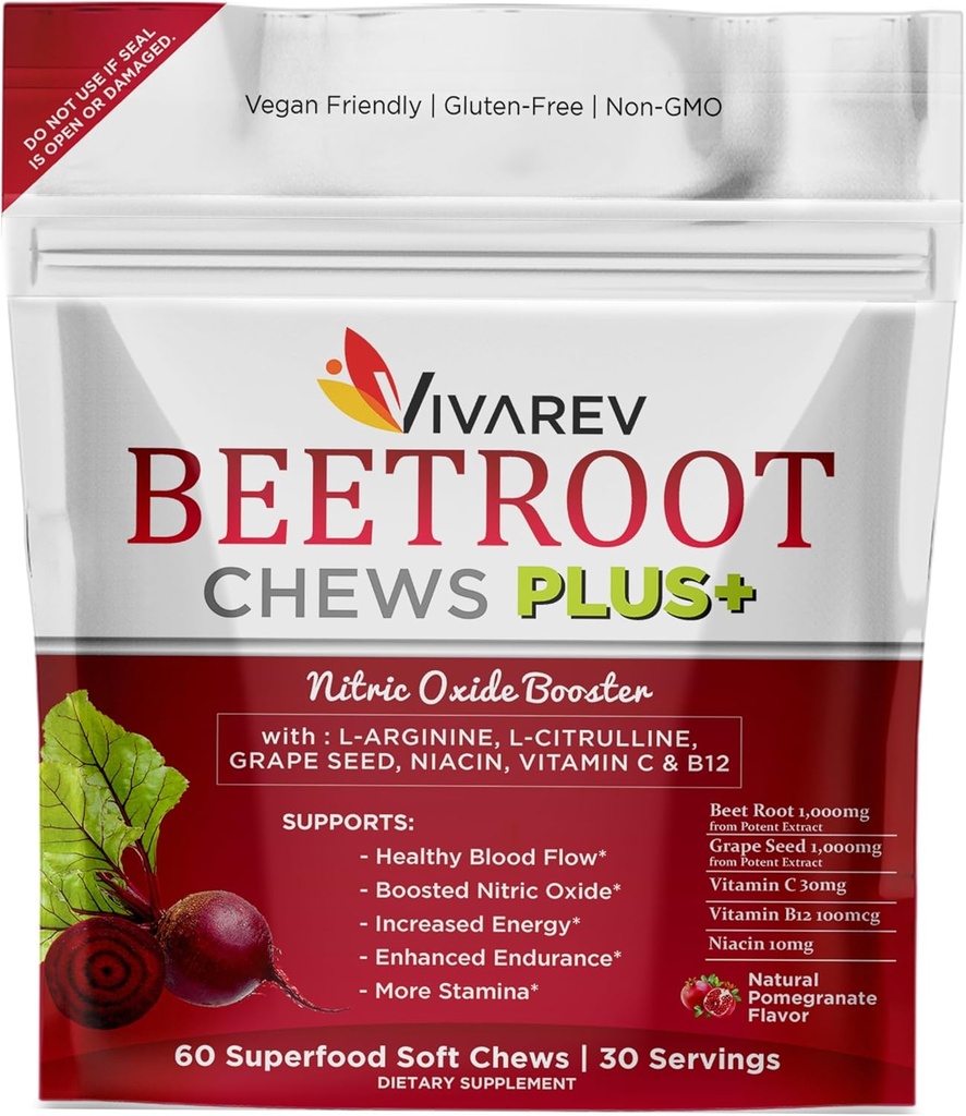 Beetroot Nitric 산화물 보충교재 - L 아르기닌, L Citrulline, 포도씨 추출물, Niacin, 비타민 C & B12를 가진 1000mg 베레 분말 - 60의 팩