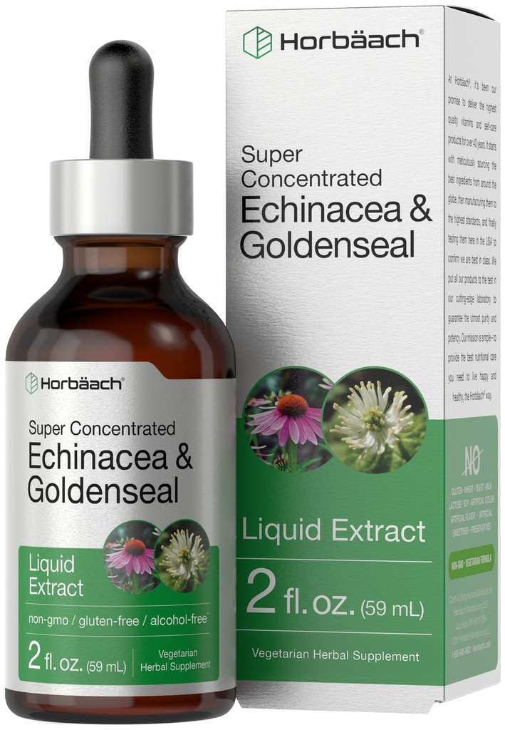 Horbäach Echinacea Goldenseal Liquid Tincture Drop | 2 fl oz | 알코올 무료 추출물 | 채식주의, 비 GMO, 글루텐 무료 보충