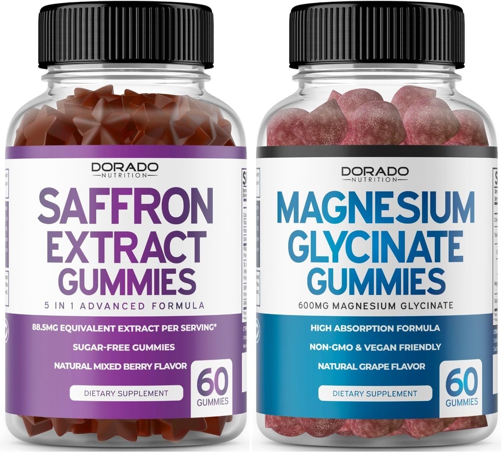 Saffron 보충 (60 Gummies) 5 에 1 고급 공식 설탕 무료 거미 - 맛있는 라즈베리 맛과 마그네슘 글리세라이드 (60 카운트) 성인을위한 순수한 글리세라이드 거미 - Non-GMO, Vegan & USA Made
