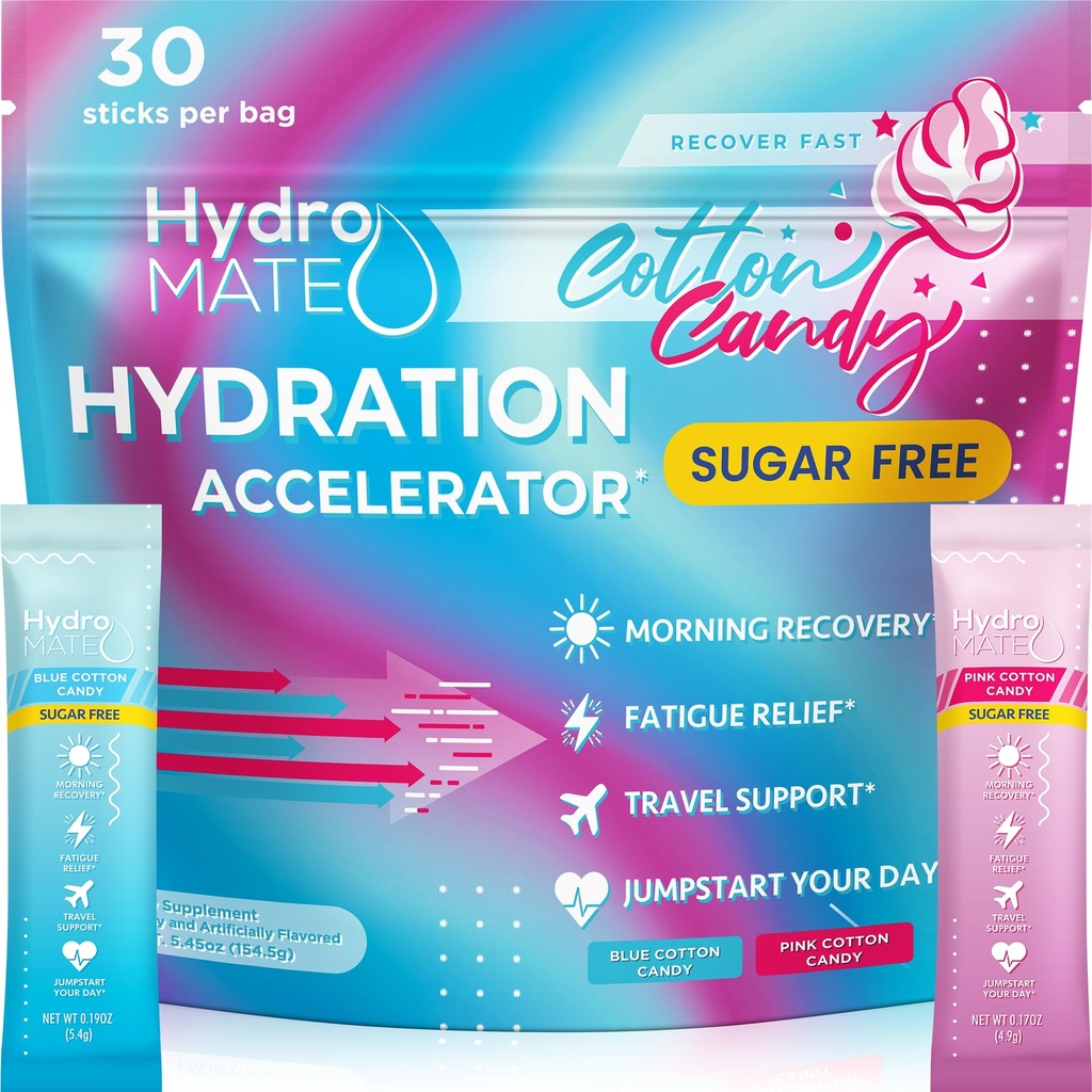 HydroMATE Electrolytes Powder No Sugar Cotton Candy - 30 Count 즉시 Hydration Packets with Vitamin C to Boost Energy - Keto Diet & Party Recovery에 Hydration을 지원하는 Sugar Free Electrolytes