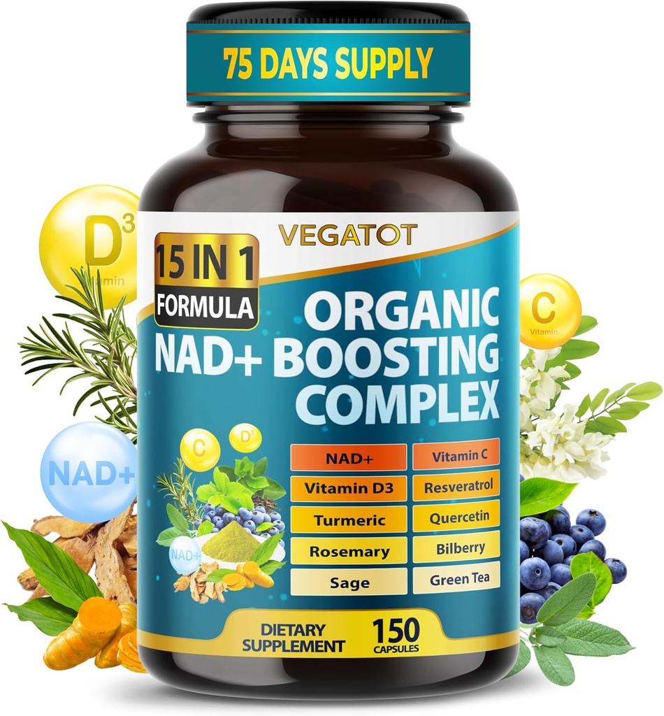 VEGATOT NAD+ 부스트합물 - Resveratrol Turmeric Quercetin Rosemary Bilberry Sage 녹차를 가진 여성 & 남자 15-in-1 공식을 위한 NAD 보충교재