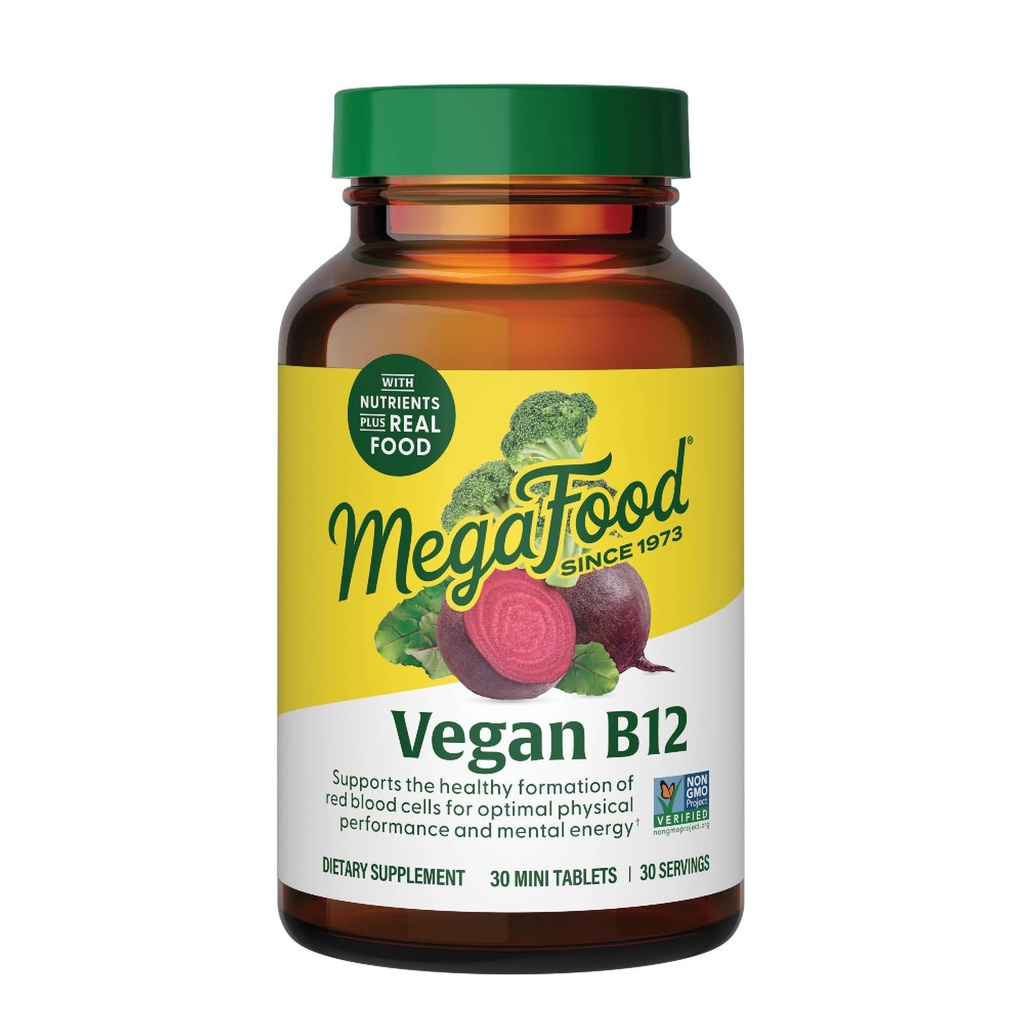 MegaFood Vegan 비타민 B12, 비타민 B 보충 비타민 B6, B12 비타민 및 Folic 산, 세포 에너지 생산, 신경 시스템 건강 및 심장 혈관 기능 지원 - 30 정제