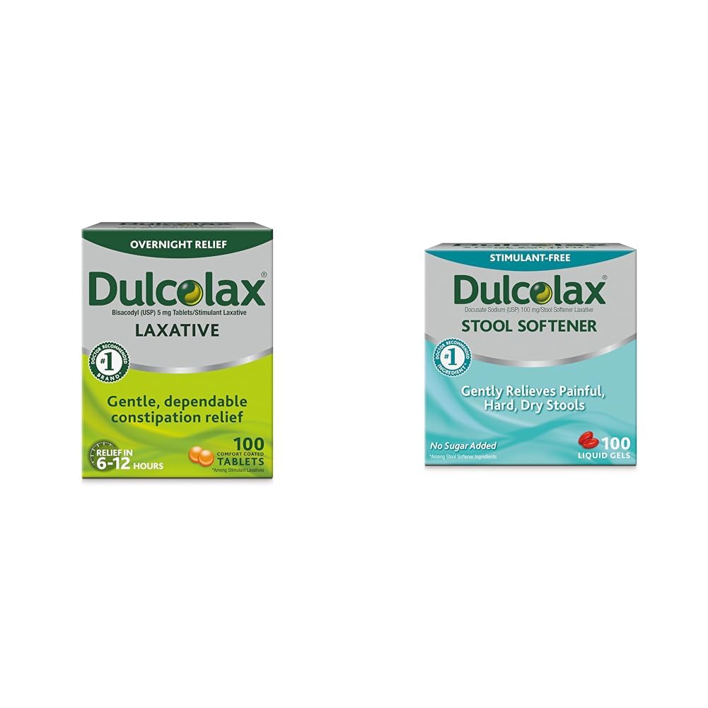 Dulcolax 자극제 Laxative 정제 (100 조사) Gentle Overnight 변비 구호, Bisacodyl 5mg & Stool Softener Laxative 액체 젤 캡슐 (100ct) Gentle 구호, Docusate 나트륨 100mg