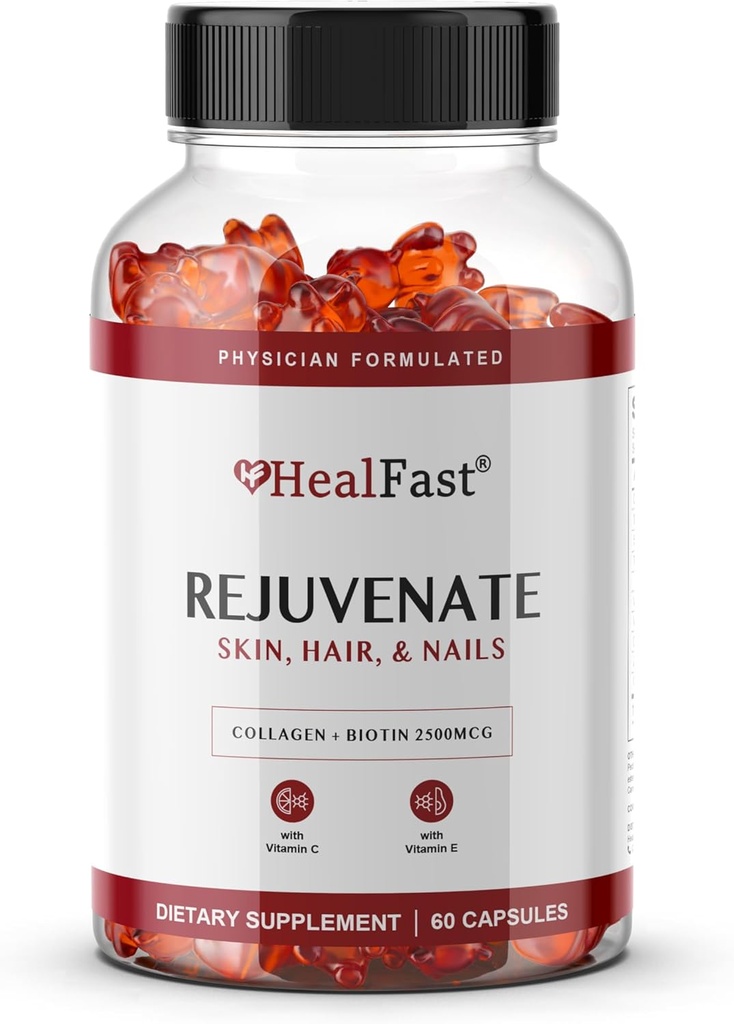 HealFast Rejuvenate Vitamin and Mineral Gummy Supplement - Collagen Gummies + Vitamins, Biotin 및 아연 - 노화 방지 아름다움 및 피부 보충 임상 시험 및 의사 공식화 - 60 개