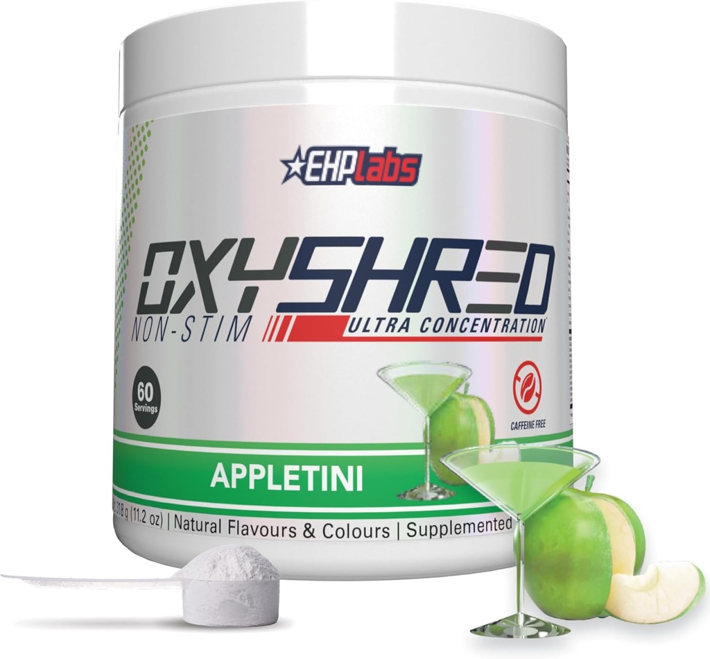 EHP Labs OxyShred Non Stimulant Pre Workout Powder - Stim Free Pre Workout, L 글루타민 및 아세틸 L 카르니틴을 가진 남자 & 여자를 위한 카페인 자유로운 운동 - 사과, 60의 서빙