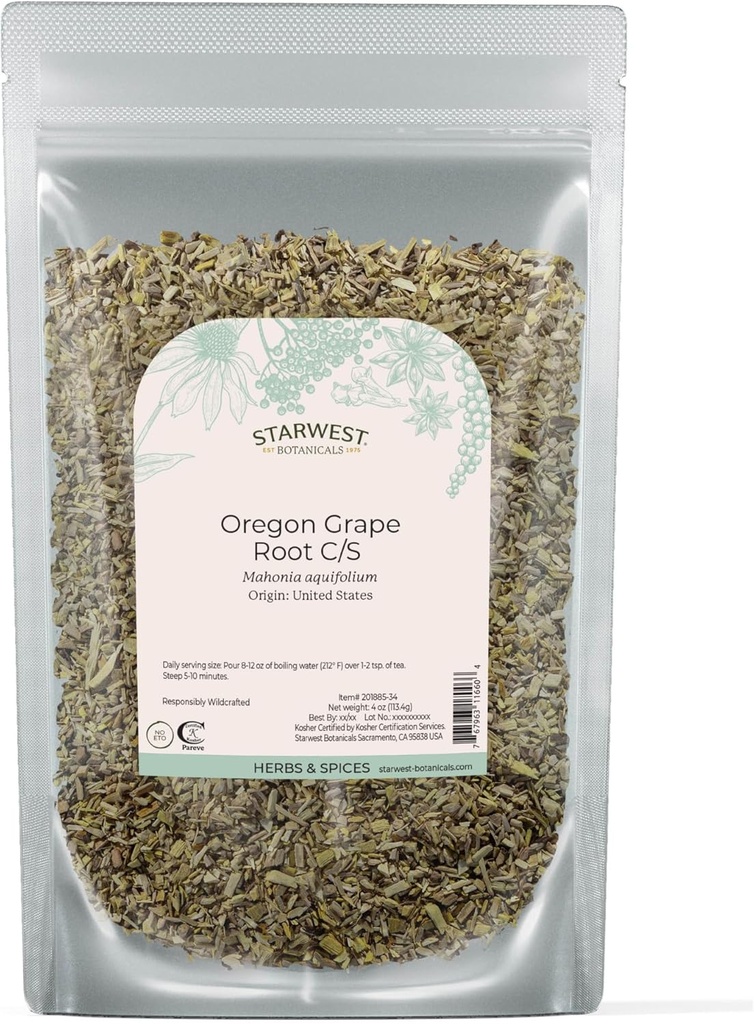 Starwest Botanicals Oregon Grape Root Wildcrafted - 차, 정박, 캡슐, & Salves, 여성 및 남성, 컷 & Sifted, 공인 Kosher, Non-GMO - 4 온스 파우치에 대한 느슨한 허브