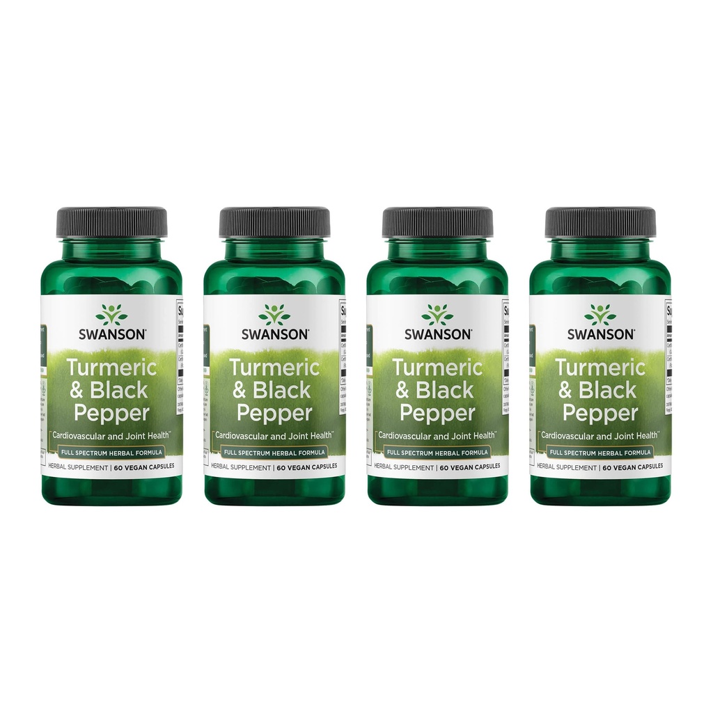 Swanson Turmeric & Black Pepper - 유기 관절 건강, 심장 건강, 소화, & Liver 지원 보충 - 향상된 생체 이용성 및 흡수를위한 천연 공식 - (60 Veggie 캡슐) 4 팩