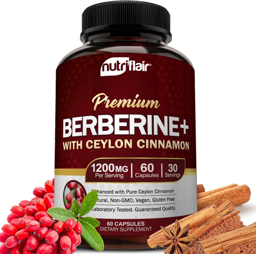 NutriFlair 프리미엄 Berberine HCL 1200mg, 60 캡슐 - 플러스 순수 True Ceylon Cinnamon, 보충제 알약, 면역 시스템 지원
