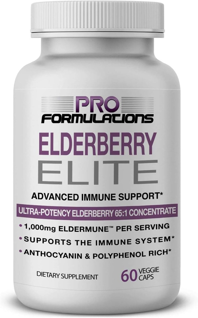Pro Formulations - Elderberry Elite - 가장 강력한 사용 가능한 Elderberry Extract 65 : 1 - 고급 면역 지원 캡슐 - 60 ct - 1,000 mg의 서빙 - 채식주의, 인공 색상 또는 풍미 없음