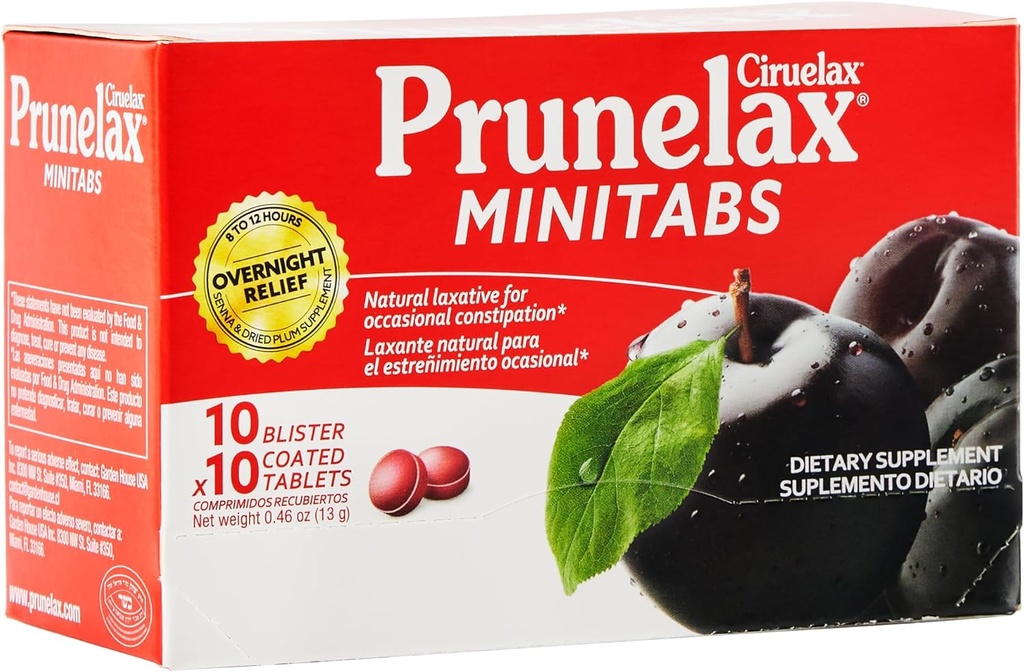 Prunelax Ciruelax 정규적인 힘 Laxative 소형 정제 - Occasional 변비, Senna 추출물, Vegan & 글루텐 자유로운, Gentle 기복을 위한 하룻밤 기복 - 100ct