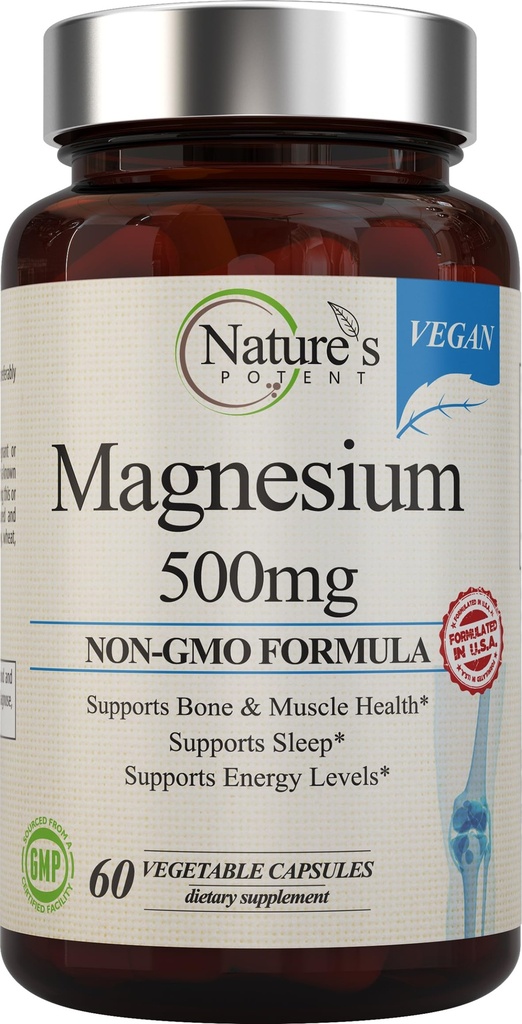 Nature's Potent Magnesium Supplements | 마그네슘 시트레이트 및 마그네슘 산화물 500mg | 여성 및 남성용 Vegan 마그네슘 보충 | 미국 수면 지원용 마그네슘 - 60 Veggie 캡슐