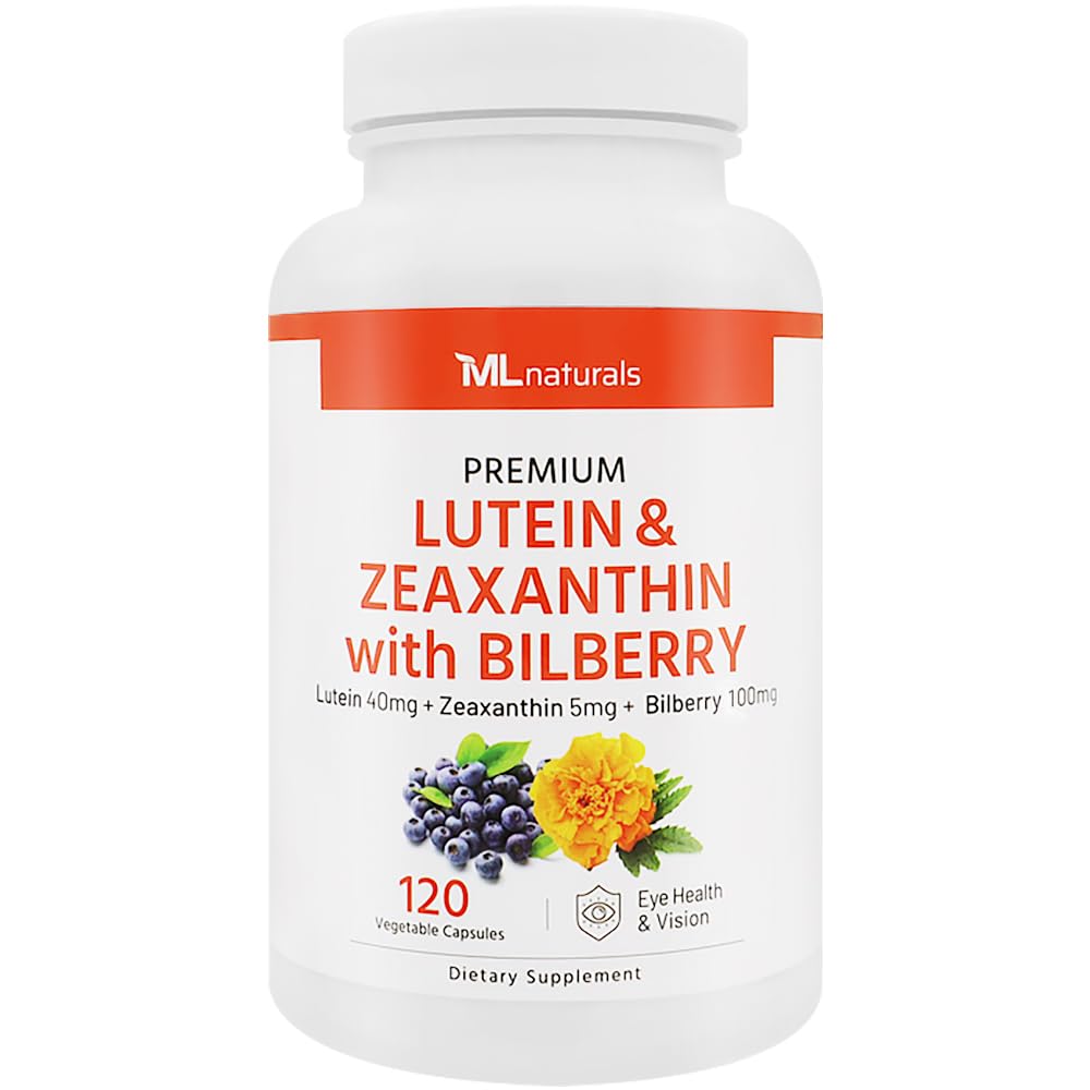 ML Naturals 프리미엄 Lutein & Zeaxanthin Bilberry 120 야채 캡슐. Lutein 40 mg, Zeaxanthin 5 mg 및 Bilberry 100 mg. 우수한 품질. 건강한 눈 & 시각, NSF 인증 및 cGMP 준수