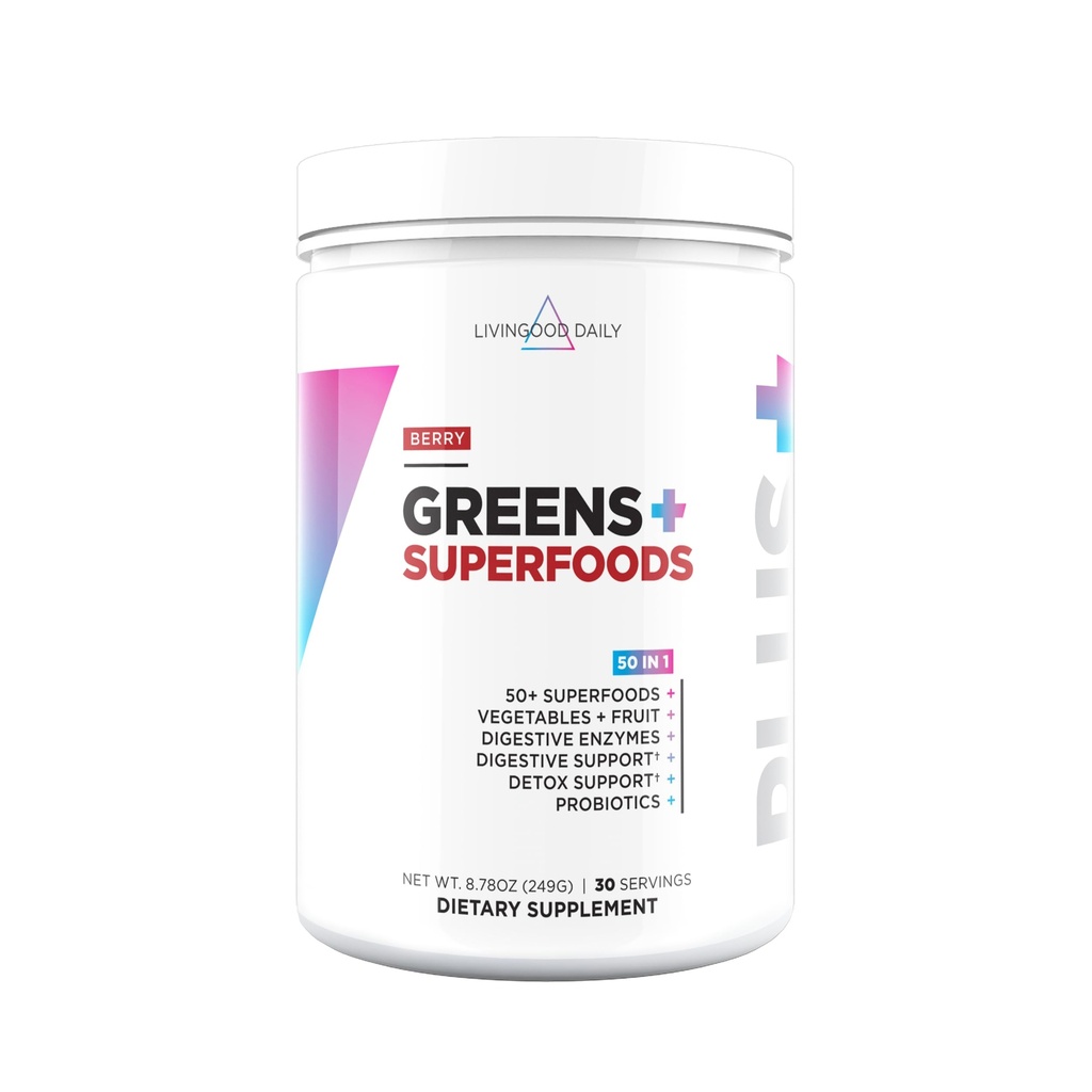 Livingood Daily Greens & Superfood Powder, Gut Health, Spirulina, Chlorella 및 Digestive Enzymes, Digestive Support, Berry, 30 서빙을위한 Probiotics와 Green Juice Powder의 슈퍼 그린