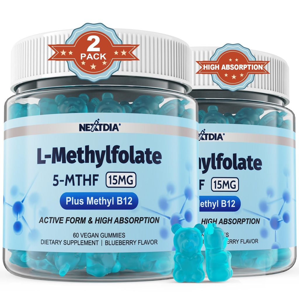 L-MethylFolate 15mg & 메틸 B12 Gummies, 메틸을 꿴 B1, B2, B6 Multivitamins - 활동적인 5-MTHF & 높은 흡수 - 지원 MTHFR 유전자, Cognition, Homocysteine 수준, Folate 대사, 채식주의자, 120 Cts