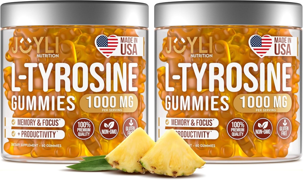 2 팩 - JOYLI L-Tyrosine Gummies 1000MG - 설탕 자유로운 채식주의자 초점 보충교재 & 아이 & 성인을 위한 계류 지원 - 기억, 에너지 & 웰빙을 위한 500mg – 팩 당 60 PC