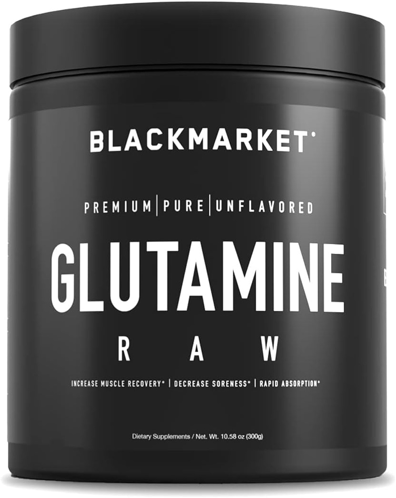 BLACKMARKET RAW 글루타민 - 남성 및 여성을위한 운동 분말 음료 혼합, 회복 및 근육 진정, 메모리 증가, 초점, 농도, 300 그램