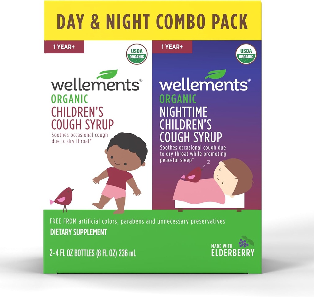 Wellements Organic Day & Nighttime Children's Cough Combo Syrup | Soothing Daytime & Nighttime Cough Relief USDA Organic | 가치 팩 (2) 4 Fl Oz. 병, 1 년 +