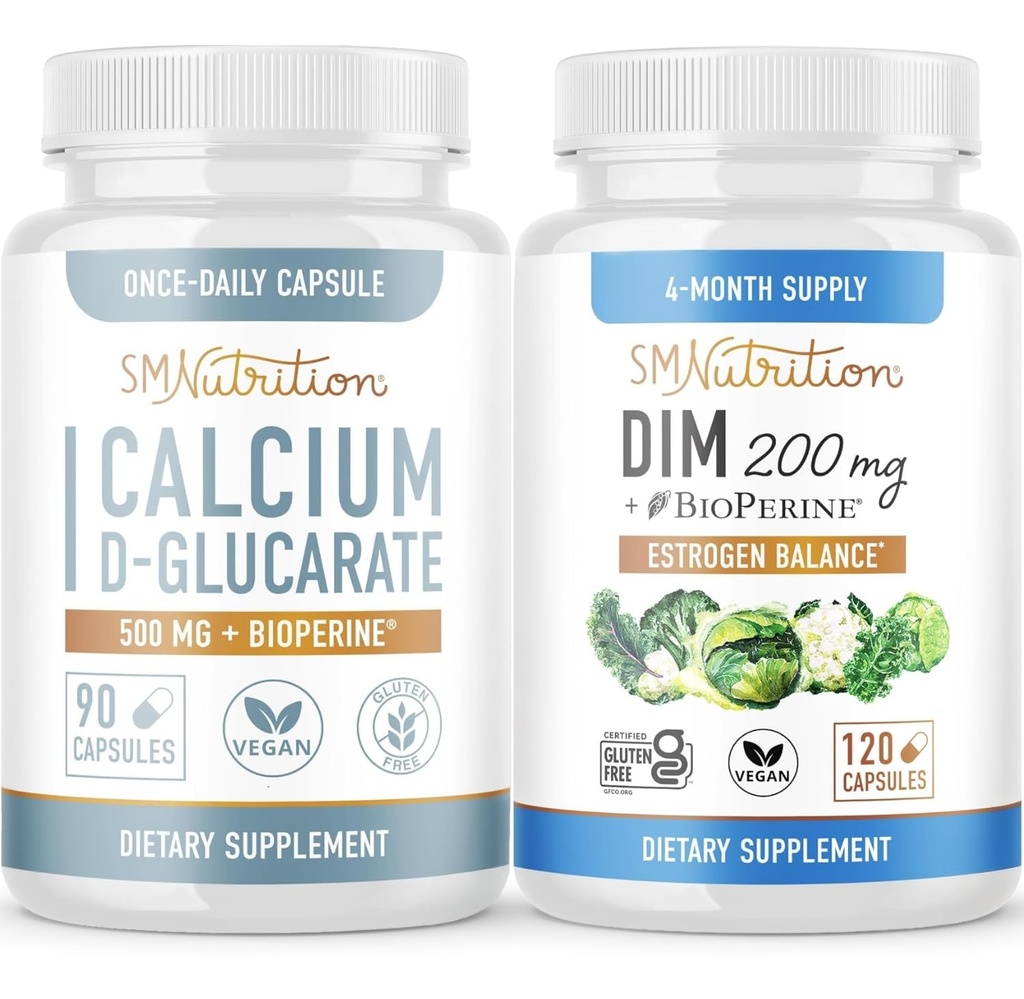 SMNutrition 200mg DIM은 칼슘 D-Glucarate로 보충합니다 | DIM Diindolylmethane 캡슐 (120 서빙)와 Vegan Gluten 무료 Non-GMO CDG 보충교재 (90 서빙)를 가진 호르몬 균형을 잡는 뭉치