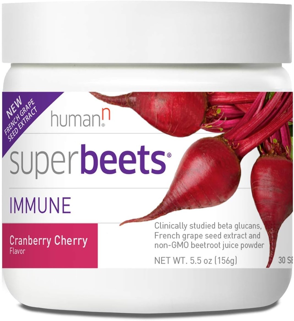 HumanN SuperBeets 면역 분말 - 포도 씨앗 추출물과 Wellmune® 베타 글루칸 - 크랜베리 체리 맛, 5.5-Ounce