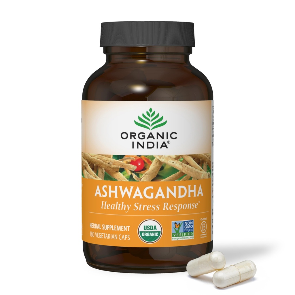 ORGANIC INDIA Ashwagandha 캡슐 - 유기 Ashwagandha 보충 - Vegan Ashwagandha 뿌리, 글루텐 - 무료, Kosher, Non-GMO, 스트레스 완화, 에너지 및 수면 - 180 캡슐