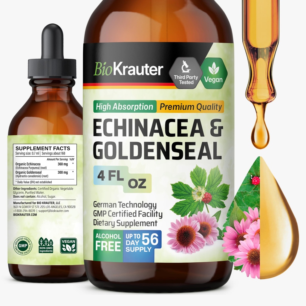 BIO KRAUTER Echinacea와 Goldenseal 뿌리 액체 추출물 - 자연적인 면역 지원 - Goldenseal를 가진 Echinacea 하락 - 채식주의자, 알콜 & 설탕 자유로운 아연 - 4 Fl.Oz.
