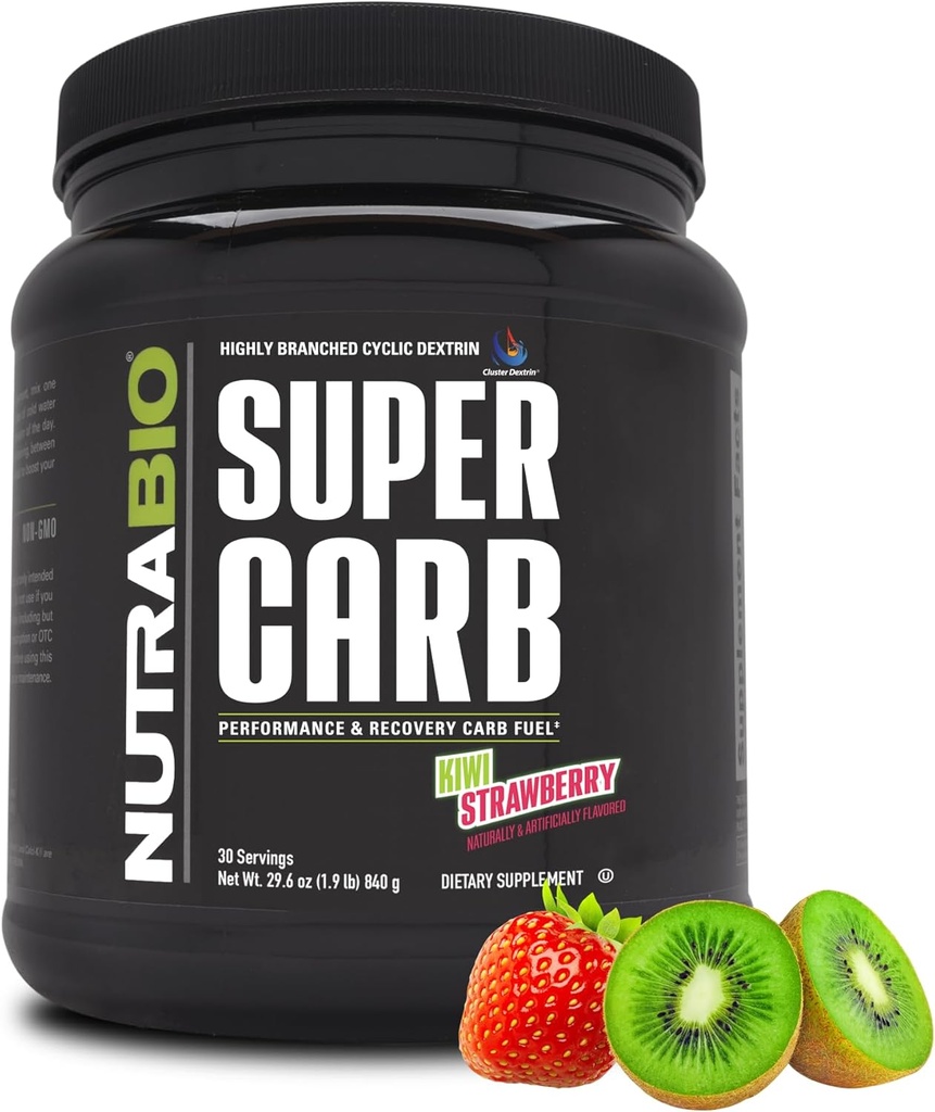 NutraBio Super Carb, 클러스터 Dextrin & Electrolytes, 운동 연료, 성능 및 근육 회복, Cyclic Dextrin, Kiwi Strawberry, 30 Sv 용 고급 캐비티 보충 분말
