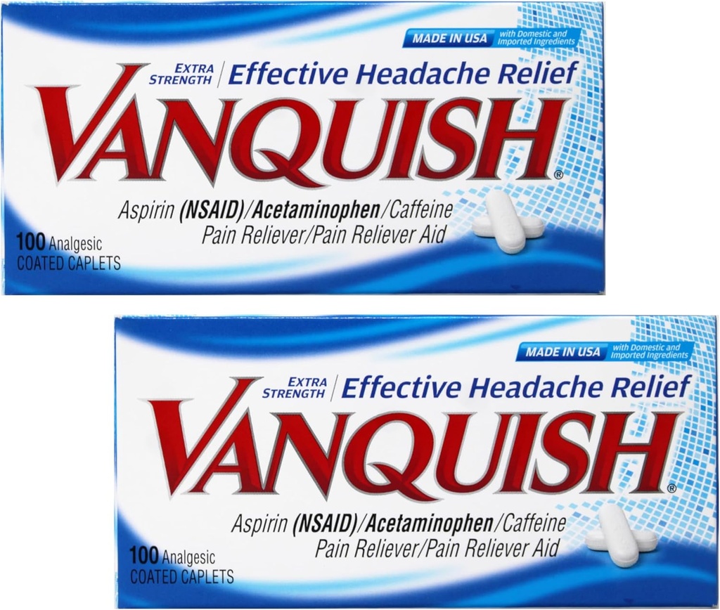 Vanquish Extra Strength Headache and Pain Relief, Acetaminophen, Aspirin, Caffeine | 디지털 눈 스트레인 | 100개, 팩 2개