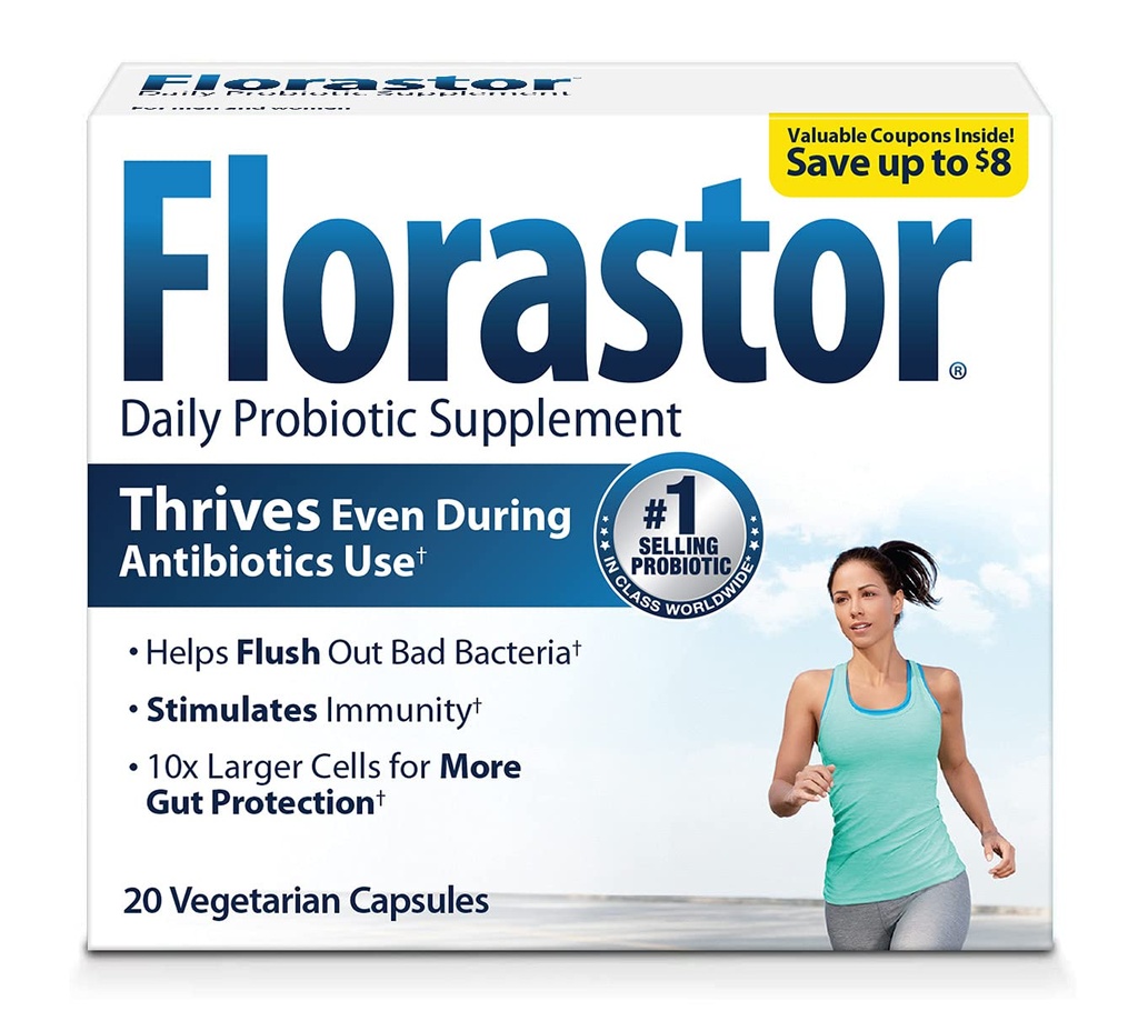 Digestive & Immune 건강을 위한 Florastor Probiotics, 20의 캡슐, 여성 & 남자를 위한 Probiotics, 이중 활동은 나쁜 박테리아를 플러시하고 우리의 유일한 긴장 Saccharomyces boulardii에 좋은 밀어줍니다