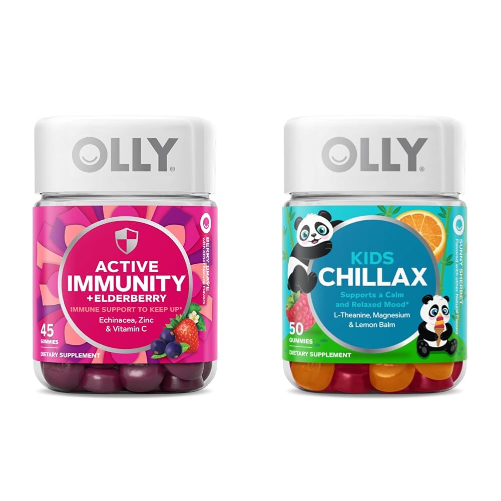 OLLY Gummy Active Immunity+Elderberry, 45 Gummies Kids Chillax, 마그네슘 구미, 레몬 발름, 아이를 위한 Calm Chews 4+, 50 조사