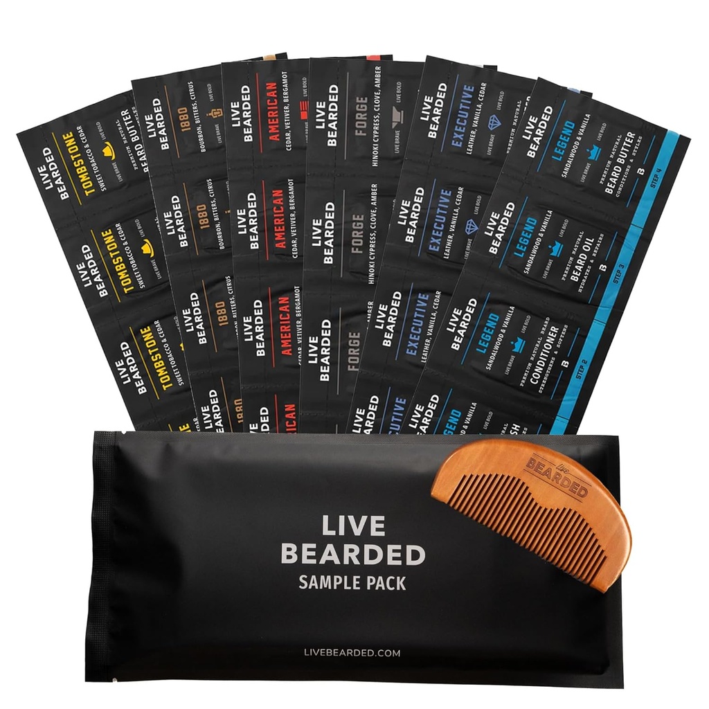 Live Bearded Beard Oil and Butter Grooming Kit Sample Pack with Comb, 보너스 선물 - 모든 자연 성분 Shea, Argan, Jojoba - 성장 지원 - 미국에서 만든