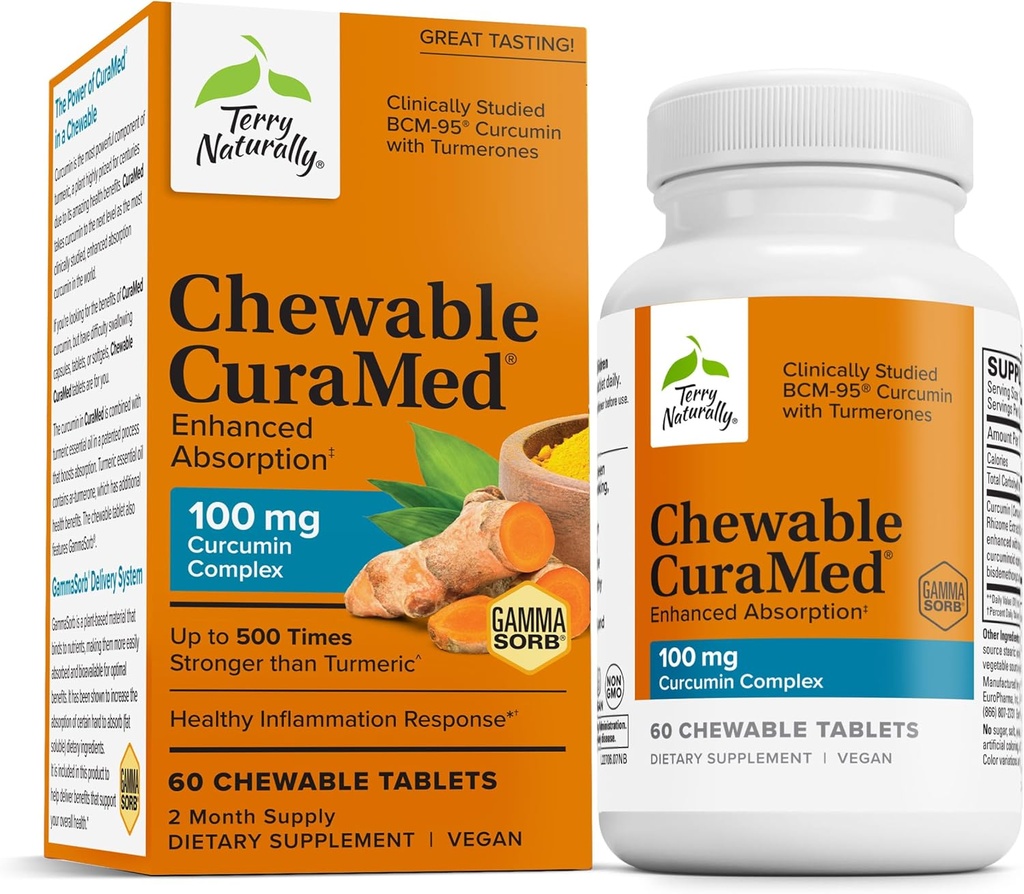 Terry Naturally CuraMed 100 mg Curcumin Complex - 심황과 향상된 흡수 Curcumin 보충 - 뇌 및 간 건강 지원 보충 - 채식 식이 요법 - 60 Chewable 정제