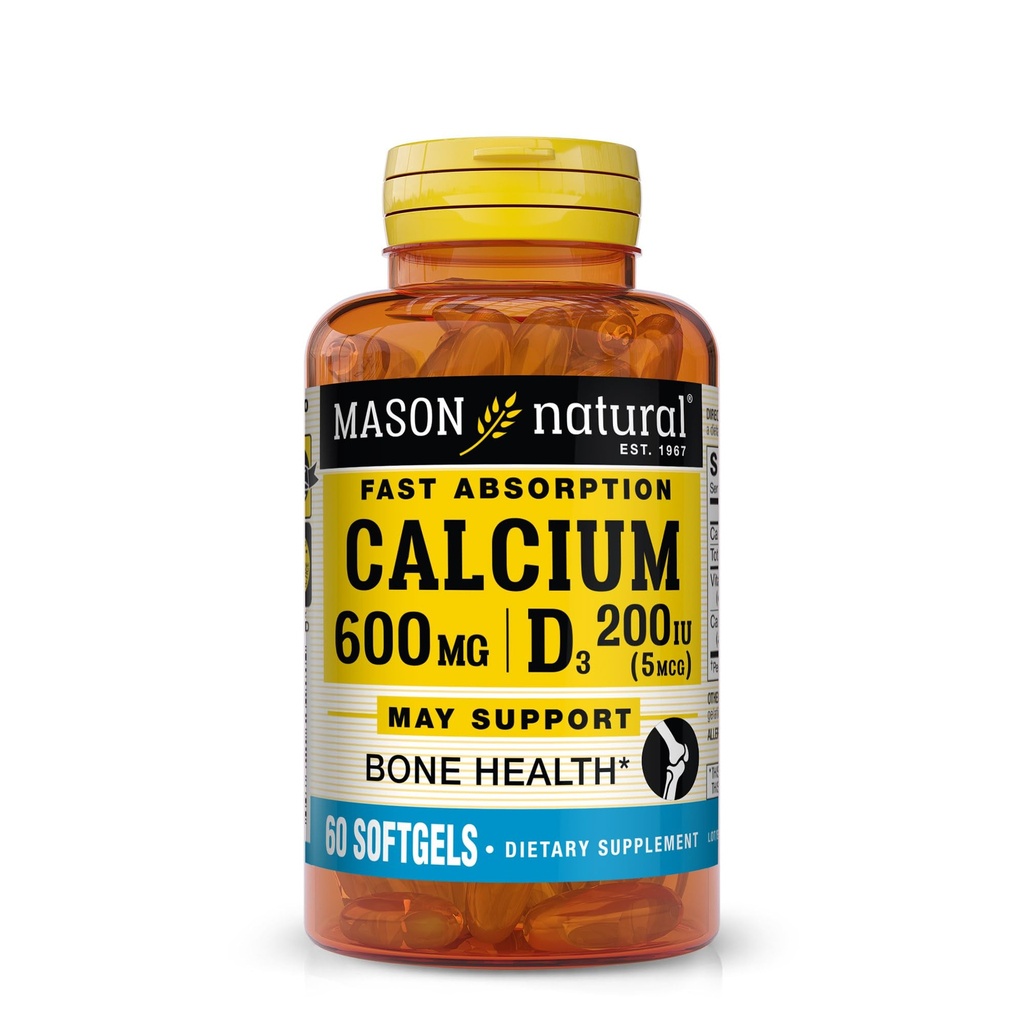 MASON NATURAL 비타민 D3를 가진 빠른 흡수 칼슘 - 힘 근육 기능, 지원 건강한 뼈 및 전반적인 건강, 60 Softgels