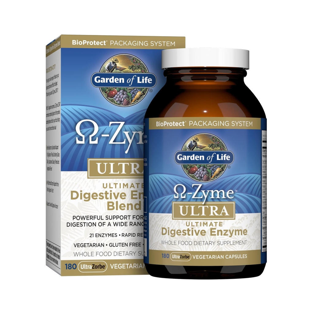 생명의 정원 21 강력한 소화 효소 Papain, Bromelain, Lipase, Ginger, 단백질, Carbs 및 지방의 완전한 소화를위한 심황 - Omega-Zyme ULTRA, 글루텐 - 무료, 채식, 180 캡슐
