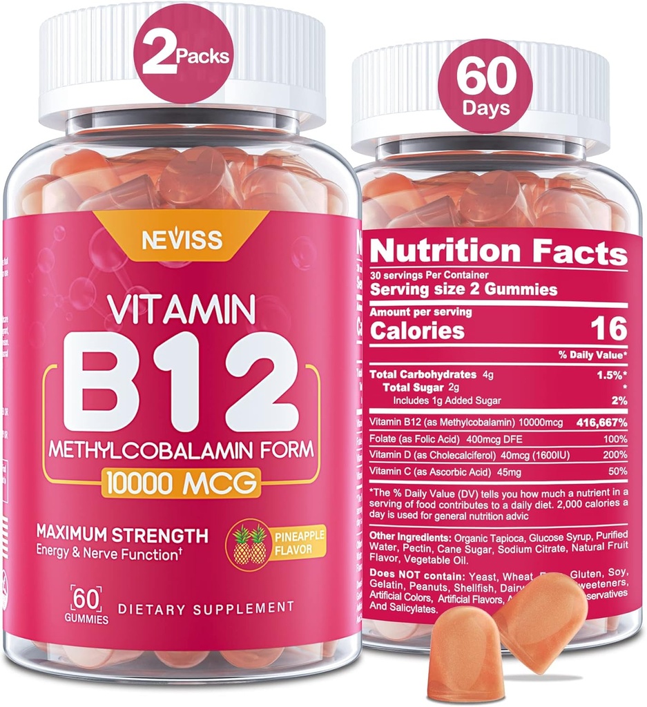 NEVISS 비타민 B12 10000 mcg (Methyl B12) 비타민 D3, B9 비타민 Folate, 에너지 부스트 & 대사, 신경 체계, 강한 뼈, 면역성이 있는 지원, 낮은 설탕, 120 조사를 가진 Gummies