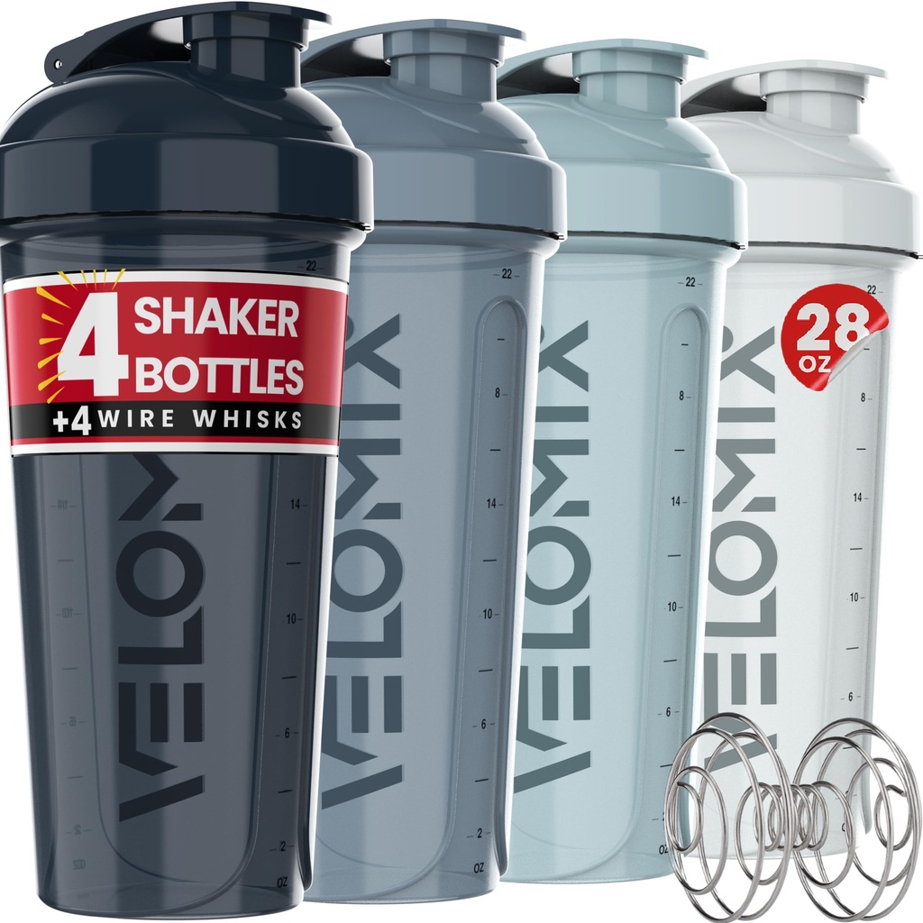 VELOMIX -4 팩 28 Oz Protein Shaker Bottle for Protein Mixs - 4x Wire Whisk | 단백질 쉐이크 용 누출 방지 쉐이커 컵 | 단백질 쉐이커 병 팩 | 단백질 쉐이크 컵 (물 깊이)