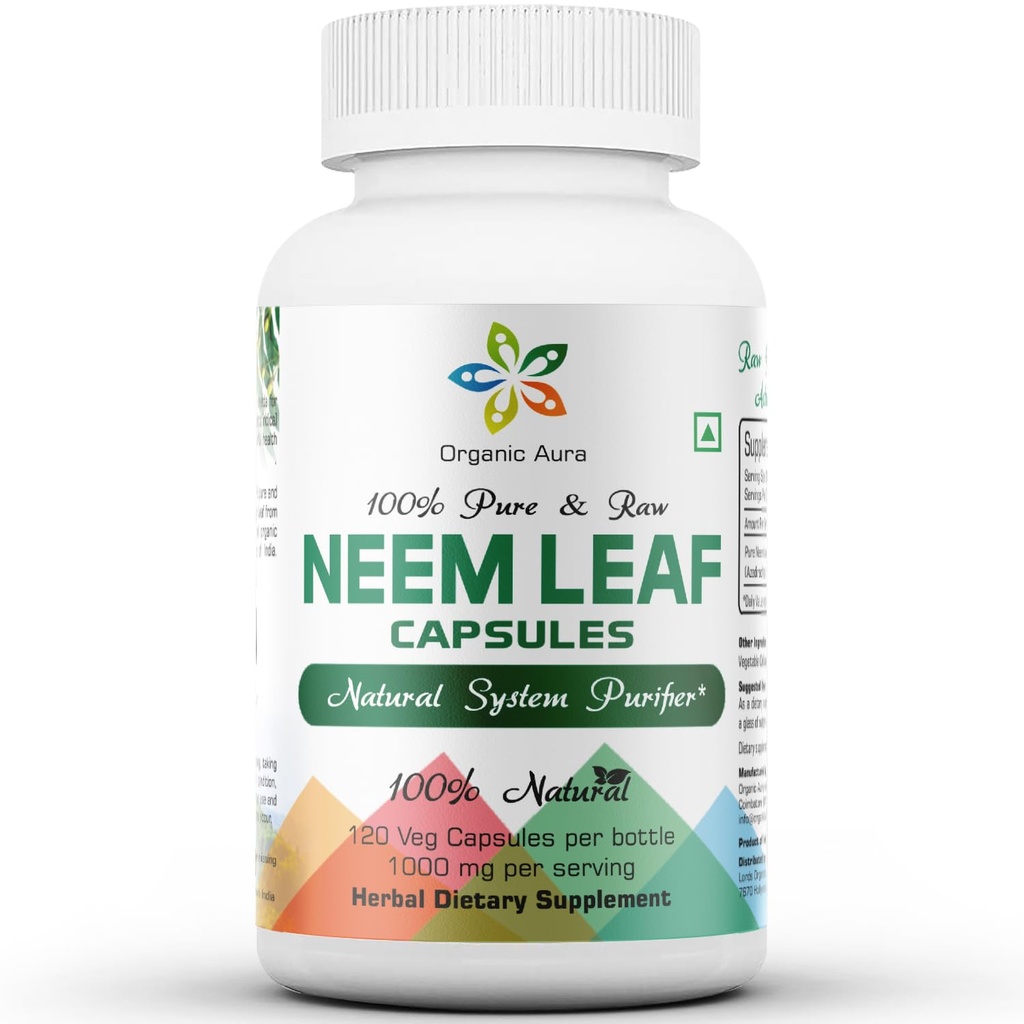 유기 Aura Neem 캡슐. 순수한 100% 및 유력한. 익지않는 녹색 전체적인 Superfood. 전체 스펙트럼 Neem Leaves로 만든. 기적 해독제. 레이디언트 피부와 면역.