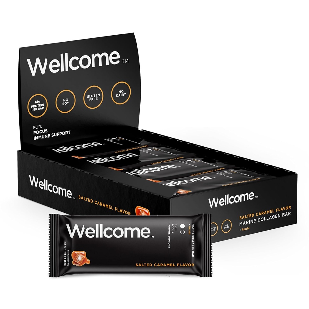 Wellcome Salted Caramel Marine Collagen Protein Bar with Reishi Mushroom For Energy and Immune Support - Adaptogenic Snack Bar - 기능성 활성 라이프 스타일을위한 낙농 무료 건강 바 (12 팩)