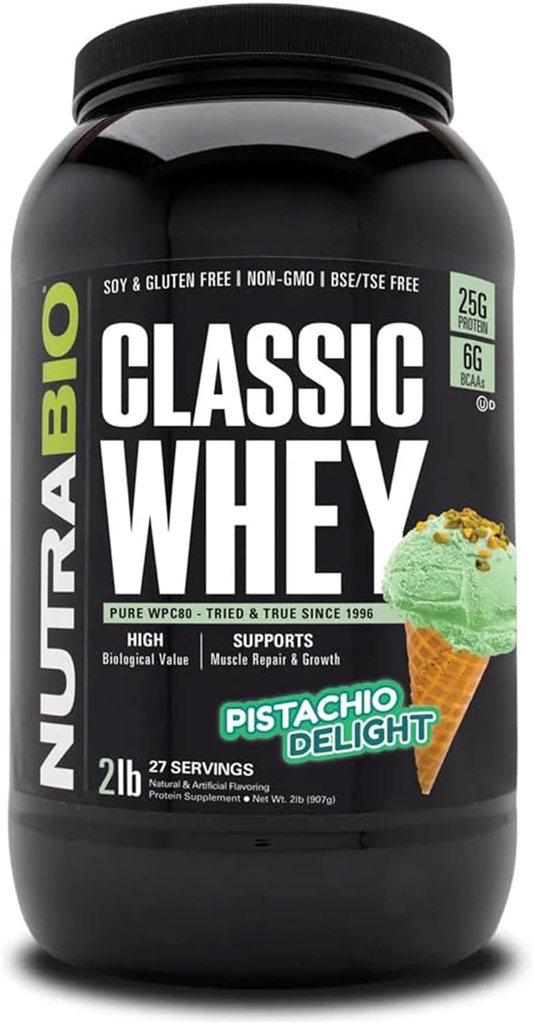 NutraBio 클래식 Whey Protein Powder- 25G Protein Per Scoop - 풀 스펙트럼 아미노산 프로필 - 필러 없음, 인공 색상, 보존제 - (Pistachio Delight, 2 파운드)