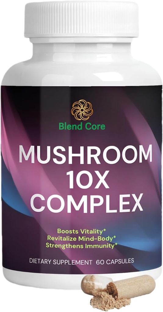 버섯 10X 복합 단지 - 사자 Mane, Reishi 및 Cordyceps - 자연 에너지 및 스트레스 완화를위한 보충 - 면역 부스트 - 초점 및 기억 - 자연 및 비 GMO