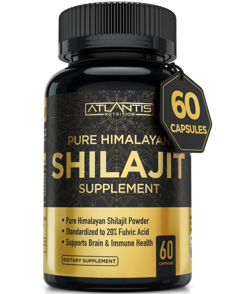 Atlantis Nutrition Himalayan Shilajit 캡슐 20 % Fulvic 산으로 공식화 | 10 : 1 추출물 10,000mg D.H.E. | USA Made | Himalayan Shilajit Supplement for Men & Women | 60 캡슐