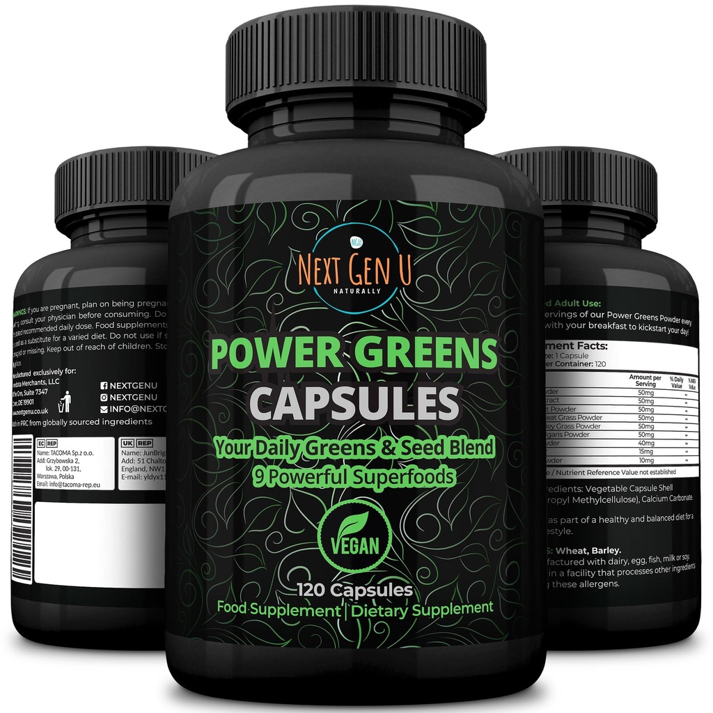 슈퍼 그린 - 면역 시스템 지원 - 500 mg 120 Vegan 캡슐 - 매일 부스터를위한 슈퍼 푸드 - Acai, Wheatgrass, Guarana, Chlorella, Flaxseed, Matcha, Maca와 건강한 Keto 혼합